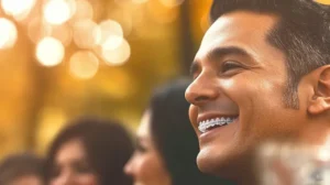 Hombre sonriendo con sus aparatos de ortodoncia. Cómo la ortodoncia mejora la confianza y autoestima