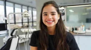 Niña sonriendo en el consultorio. Brackets autoligables Innovación que transforma la ortodoncia